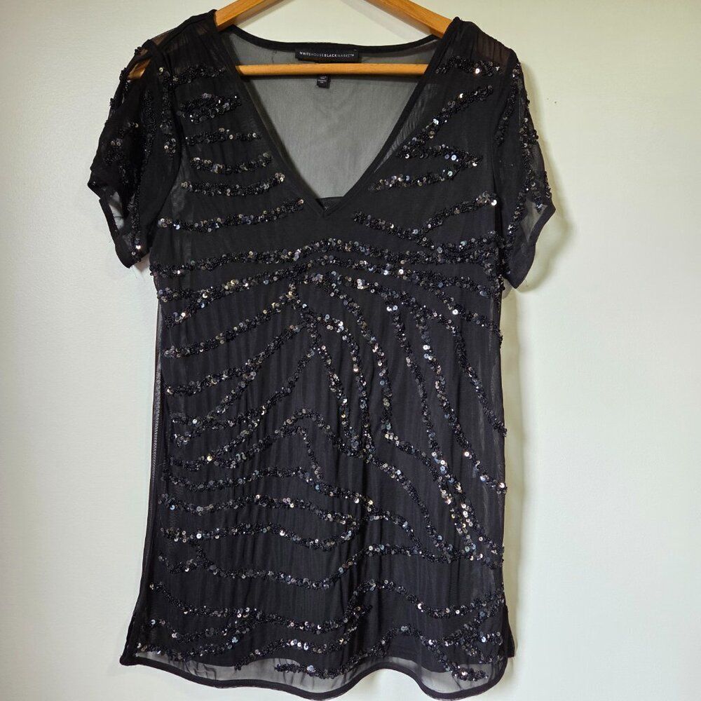 EUC WHITE HOUSE BLACK MARKET BLACK V NECK SEQUINED SHEER LINED TOP SIZE M